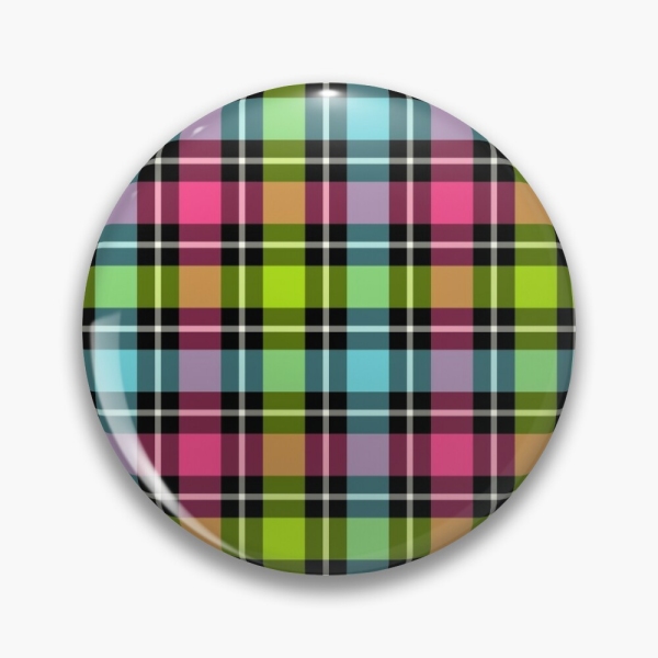 Neon checkered plaid pinback button