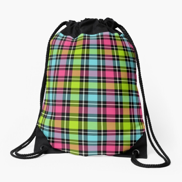 Neon checkered plaid drawstring bag