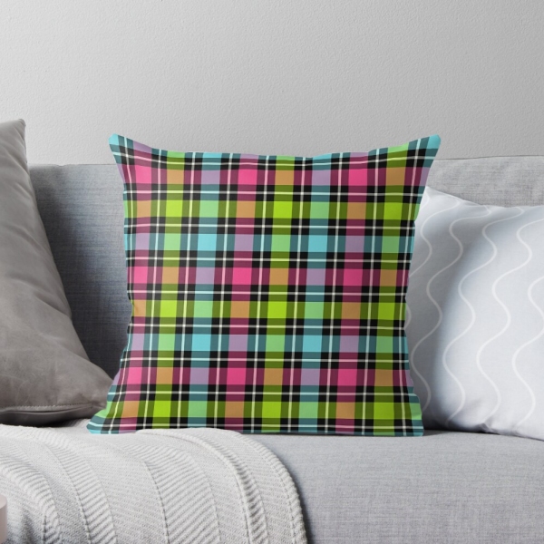 Neon checkered plaid throw pillow