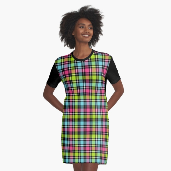 Neon checkered plaid tee shirt dress