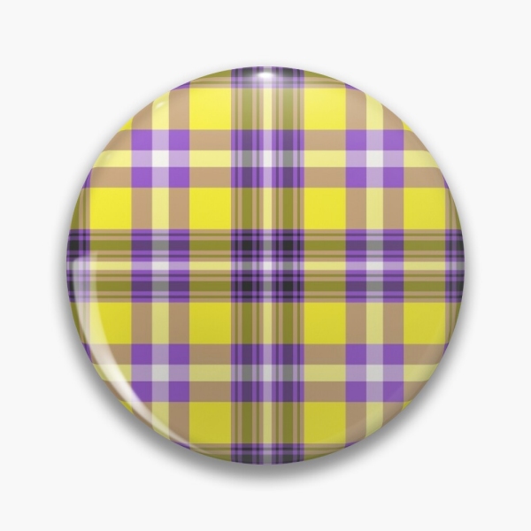 Bright yellow and purple plaid pinback button