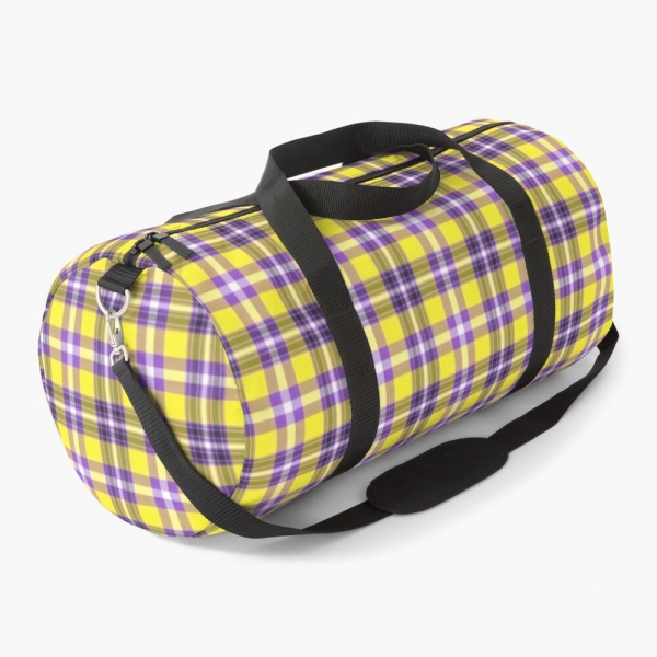 Bright yellow and purple plaid duffle bag