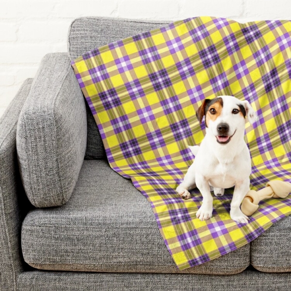 Bright yellow and purple plaid pet blanket