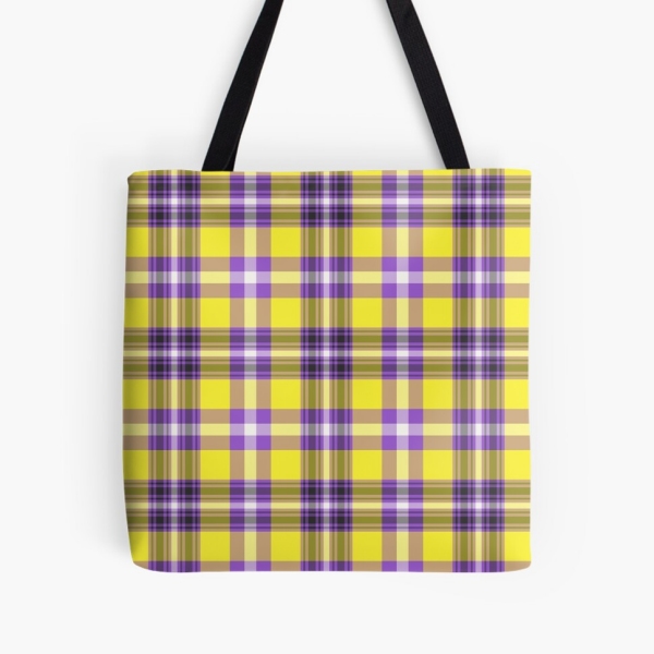 Bright yellow and purple plaid tote bag