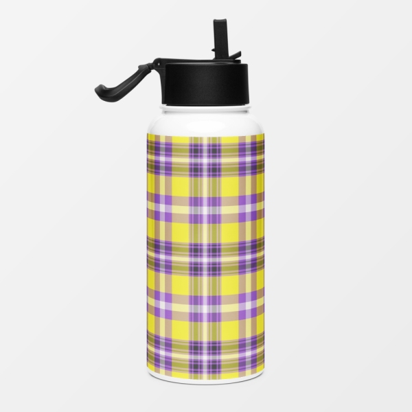 Bright yellow and purple plaid water jug