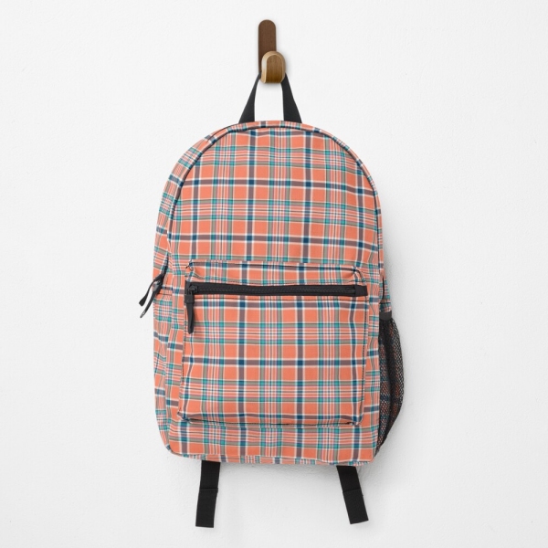 Orange coral and blue plaid backpack