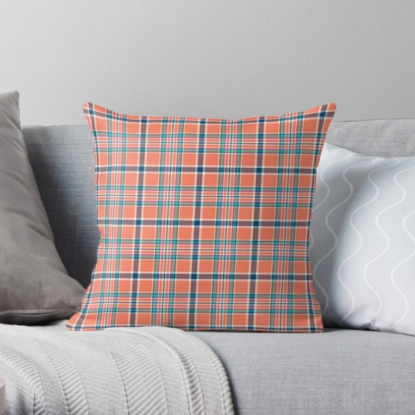 Orange coral and blue plaid throw pillow
