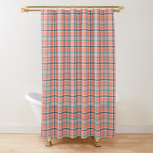 Orange coral and blue plaid shower curtain