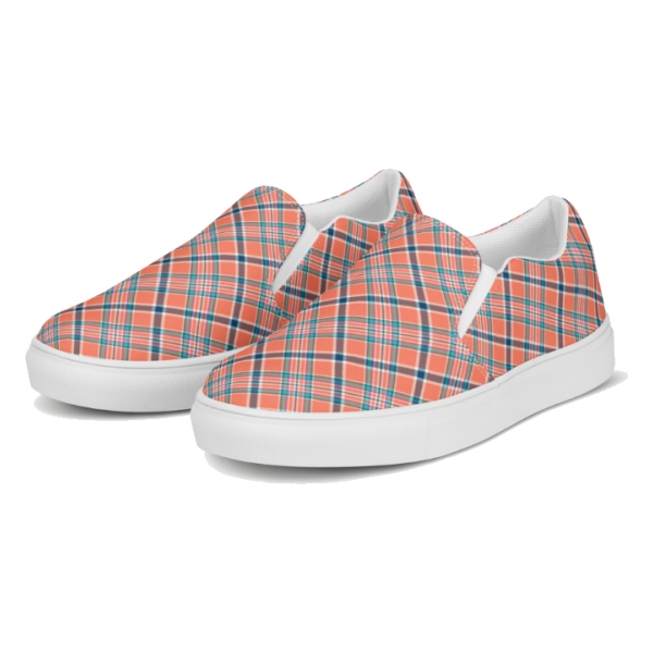Orange coral and blue plaid women's slip-on shoes