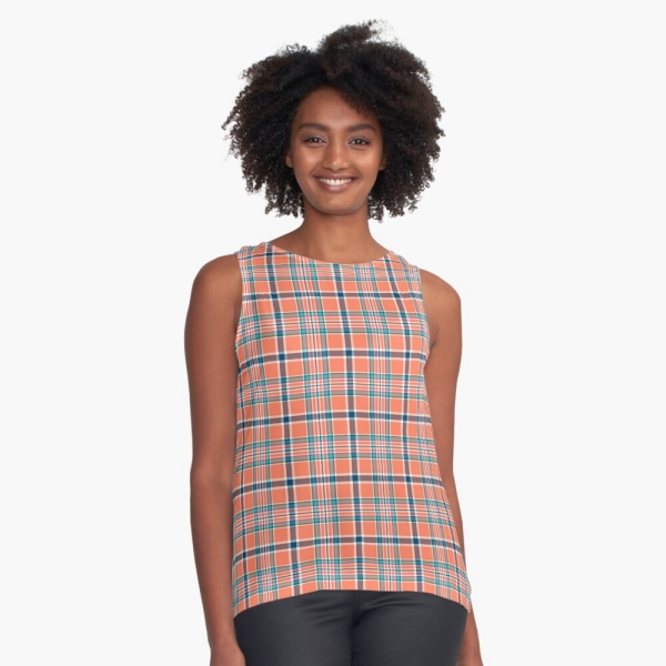 Orange coral and blue plaid sleeveless top