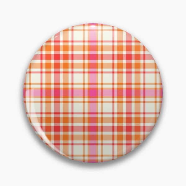 Bright orange and hot pink plaid pinback button