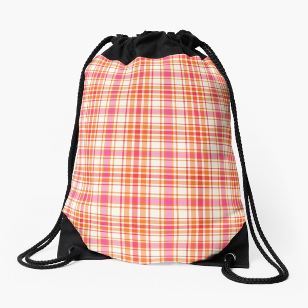 Bright orange and hot pink plaid drawstring bag