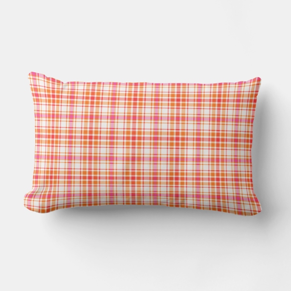 Bright orange and hot pink plaid lumbar cushion