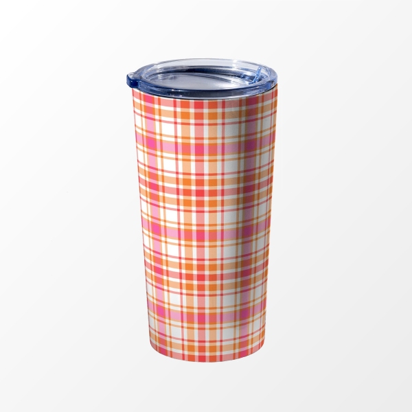 Bright orange and hot pink plaid travel mug