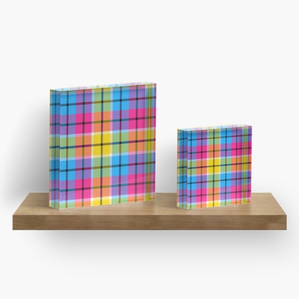 Hot pink, turquoise, and yellow plaid acrylic block