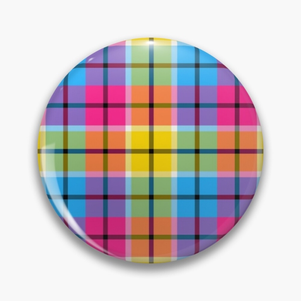 Hot pink, turquoise, and yellow plaid pinback button