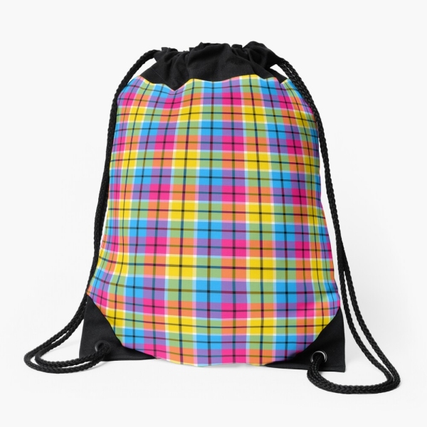 Hot pink, turquoise, and yellow plaid drawstring bag