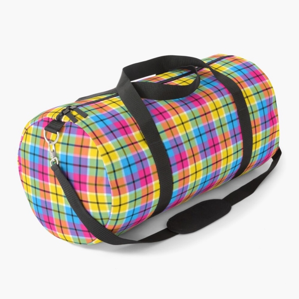 Hot pink, turquoise, and yellow plaid duffle bag