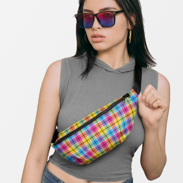 Hot pink, turquoise, and yellow plaid fanny pack