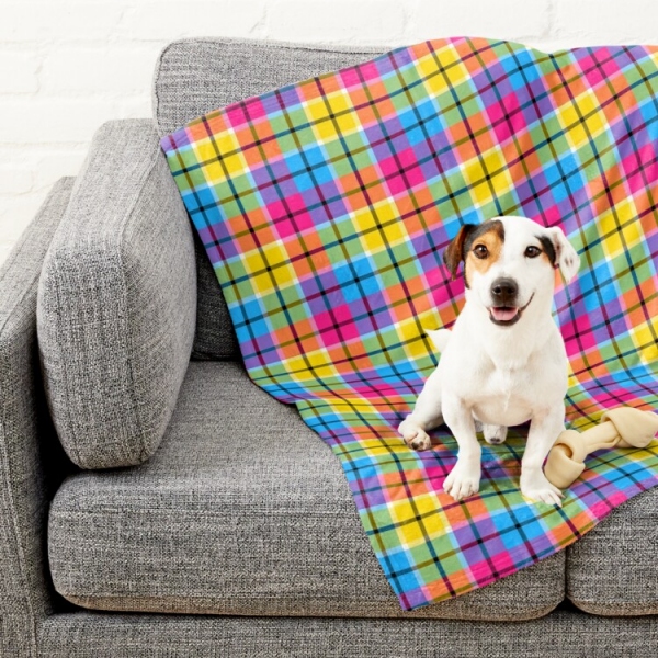 Hot pink, turquoise, and yellow plaid pet blanket