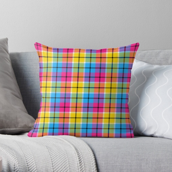 Hot pink, turquoise, and yellow plaid throw pillow