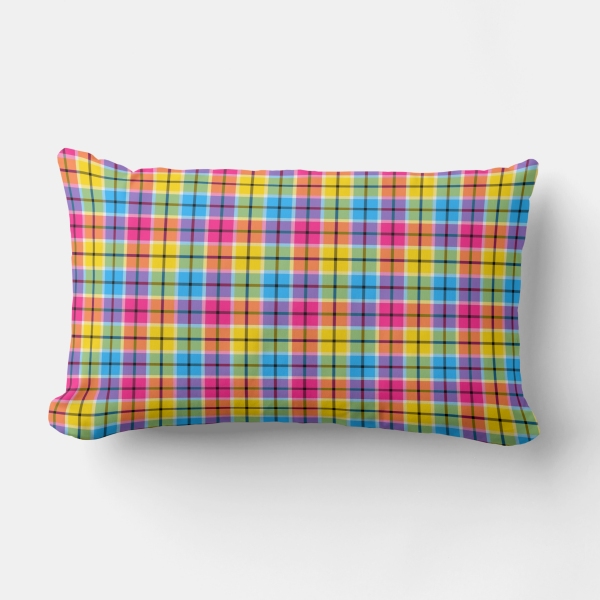 Hot pink, turquoise, and yellow plaid lumbar cushion