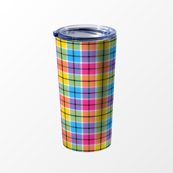 Hot pink, turquoise, and yellow plaid travel mug