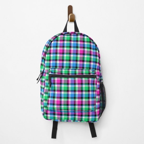 Magenta, bright green, and blue plaid backpack