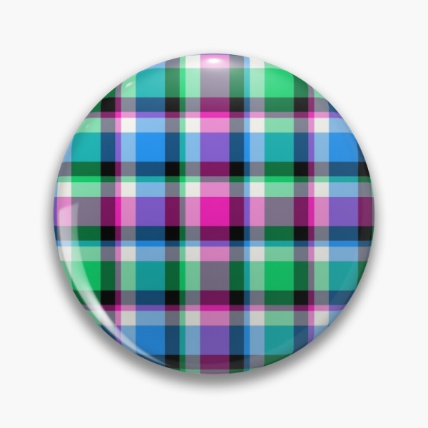 Magenta, bright green, and blue plaid pinback button