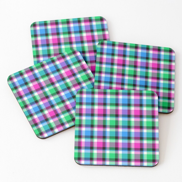 Magenta, bright green, and blue plaid beverage coasters