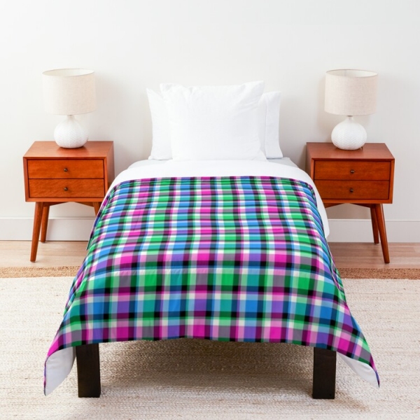 Magenta, bright green, and blue plaid comforter