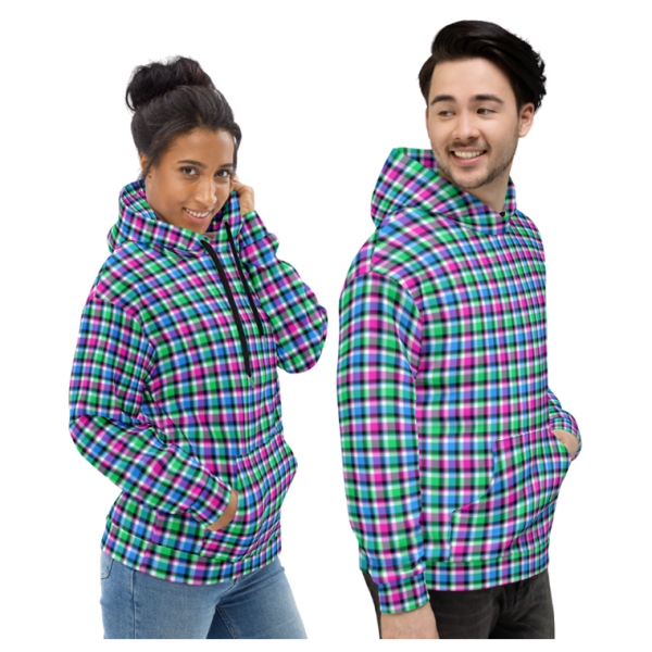 Magenta, bright green, and blue plaid hoodie