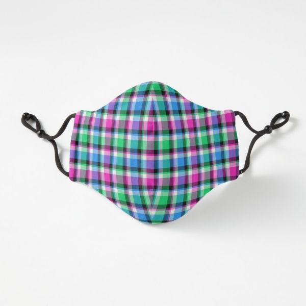 Magenta, bright green, and blue plaid fitted face mask