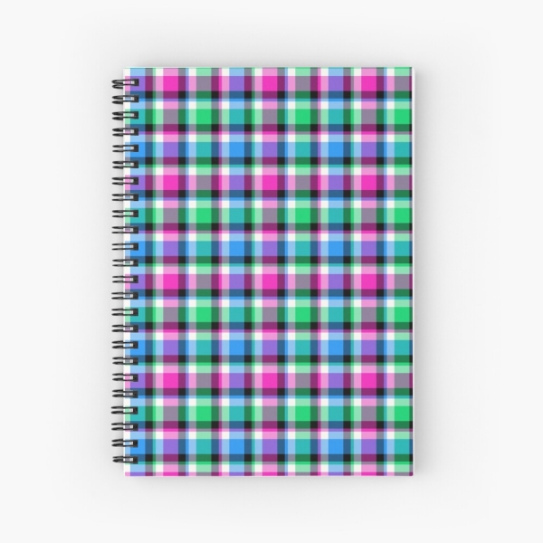 Magenta, bright green, and blue plaid spiral notebook