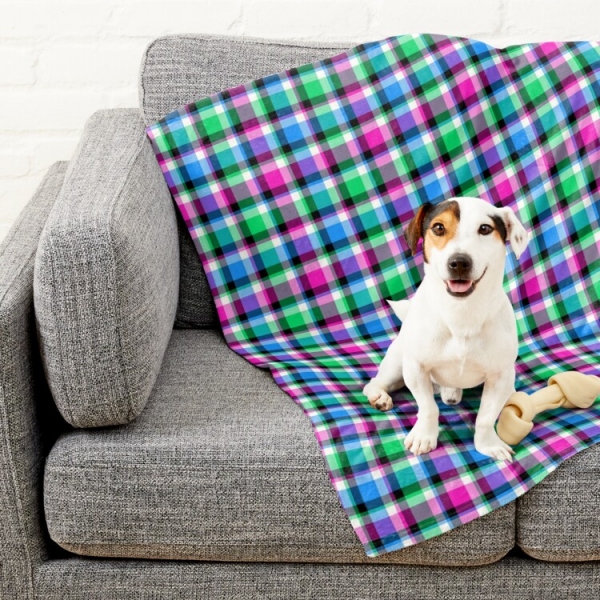 Magenta, bright green, and blue plaid pet blanket