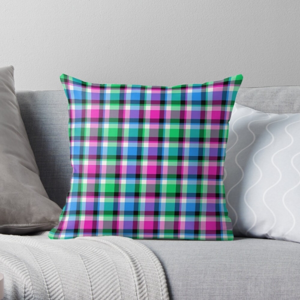 Magenta, bright green, and blue plaid throw pillow