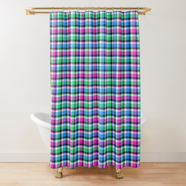 Magenta, bright green, and blue plaid shower curtain