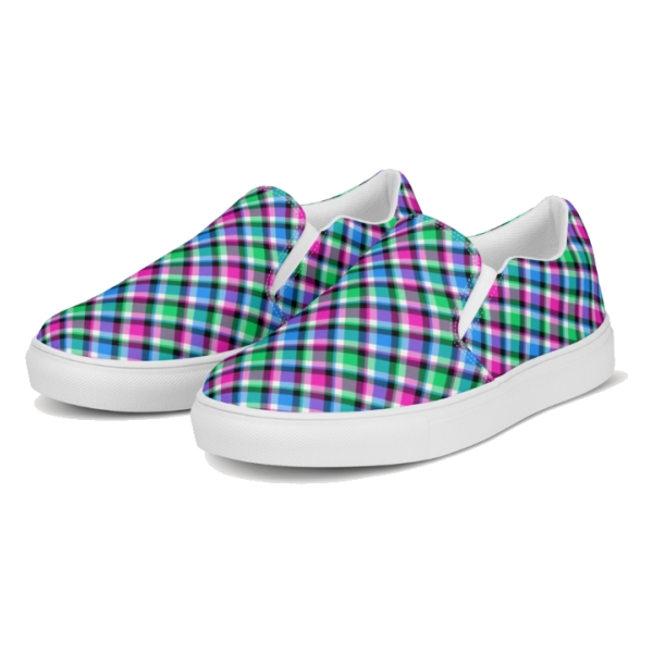 Magenta, bright green, and blue plaid women's slip-on shoes