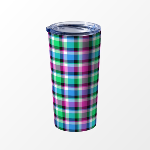 Magenta, bright green, and blue plaid travel mug