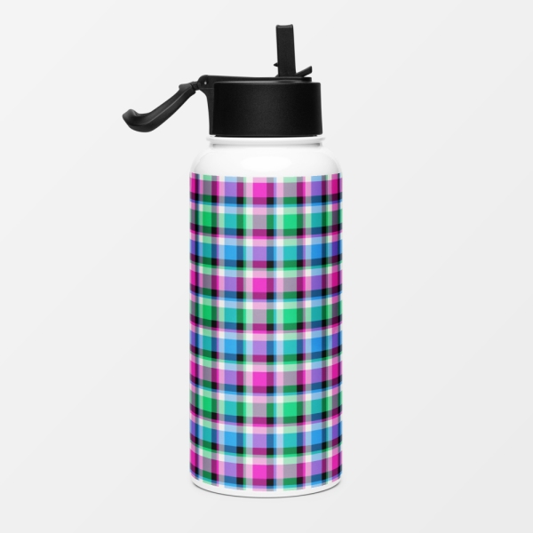 Magenta, bright green, and blue plaid water jug