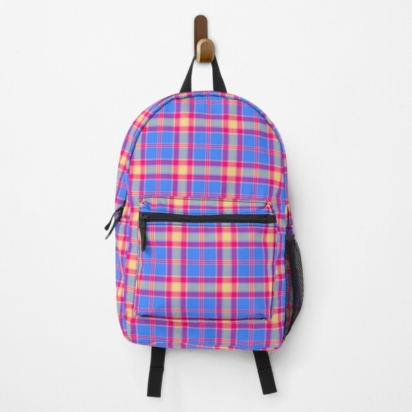 Bright blue, hot pink, and yellow plaid backpack