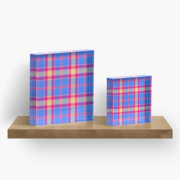 Bright blue, hot pink, and yellow plaid acrylic block
