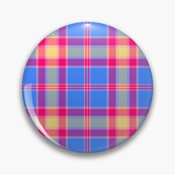 Bright blue, hot pink, and yellow plaid pinback button