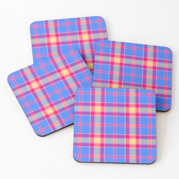 Bright blue, hot pink, and yellow plaid beverage coasters
