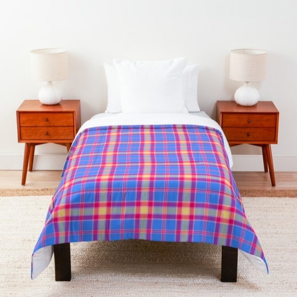 Bright blue, hot pink, and yellow plaid comforter