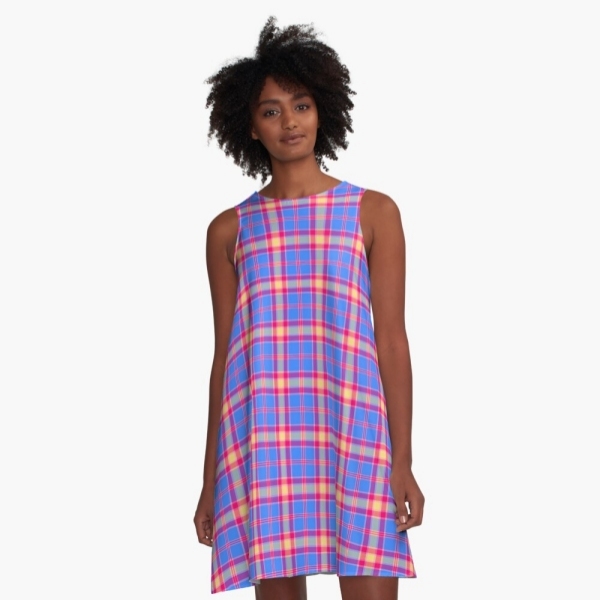 Bright blue, hot pink, and yellow plaid a-line dress