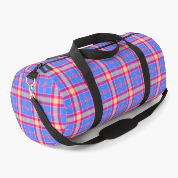 Bright blue, hot pink, and yellow plaid duffle bag