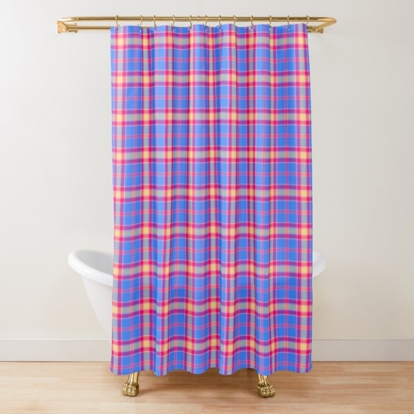 Bright blue, hot pink, and yellow plaid shower curtain