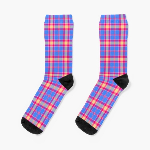 Bright blue, hot pink, and yellow plaid socks