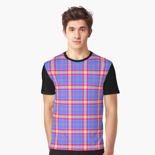 Bright blue, hot pink, and yellow plaid tee shirt